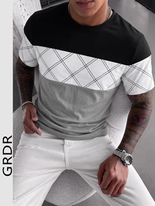 GRDR 1pc Summer New Contrast Color Business Casual Round Neck Men's T-Shirt - Grey - View 2
