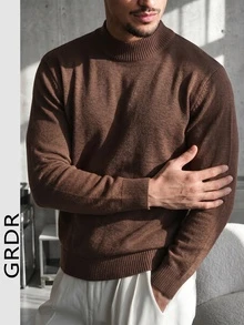 男士长袖高领套头针织毛衣，1件装，日常百搭。 - 棕色 - 查看 2