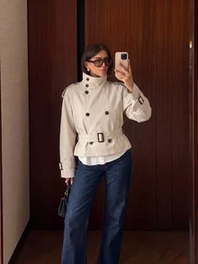 女款秋冬新款素色前扣口袋繫帶休閒優雅通勤街頭風風衣外套 - 卡其色 - 查看 2