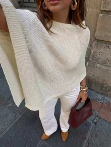 Women's Casual Vacation Style Solid Color Asymmetrical Neck Batwing Sleeve Loose Sweater, Spring/Autumn Summer - Beige Color - View 2