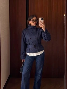 秋冬新款女款素色前扣口袋腰帶休閒優雅通勤街頭風風衣外套 - 藏蓝色 - 查看 2