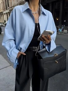 All-Season Women's Light Blue Loose Casual Long Sleeve Woven Shirt, Dropped Shoulder Design, Suitable For Daily Wear - Blue - View 3