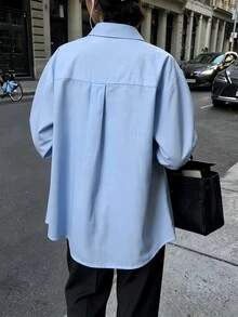 All-Season Women's Light Blue Loose Casual Long Sleeve Woven Shirt, Dropped Shoulder Design, Suitable For Daily Wear - Blue - View 2