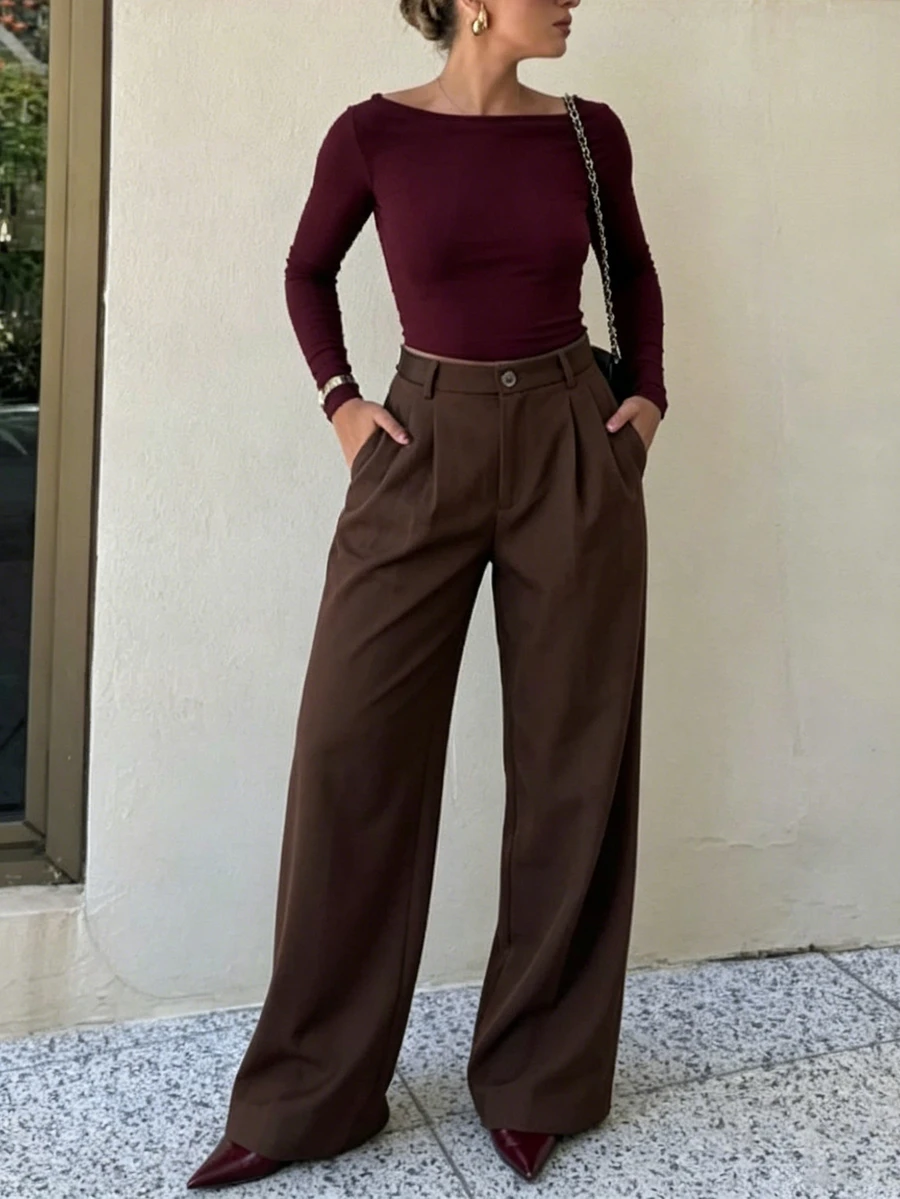 女款優雅休閒百褶直筒長褲附口袋，四季皆宜 - 摩卡棕 - 查看 1