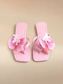 Glizzene 2025 New Plus Size European Women Fake Flower Decor Square Toe Flat Slip On Sandals, Summer Daily Wear,Flip Flops - Pink - View 2