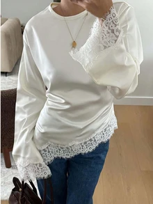 女款優雅緞面上衣，蕾絲飾邊綁帶收腰，極簡長袖襯衫 - 白色 - 查看 2