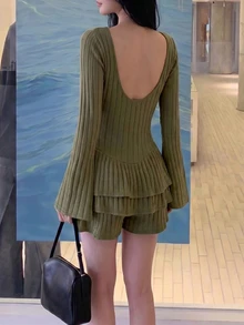 Women's Simple Elegant Comfortable Textured Ribbed Olive Green Knit Fabric Ruffle/Flounce Long Sleeve Short Double Layer Flounce Hem Jumpsuit For Office, Daily, Date, Suitable For Autumn/Winter - Olive Green - View 2