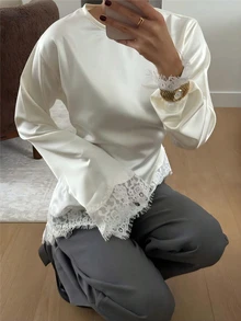 女款優雅緞面上衣，蕾絲飾邊綁帶收腰，極簡長袖襯衫 - 白色 - 查看 1