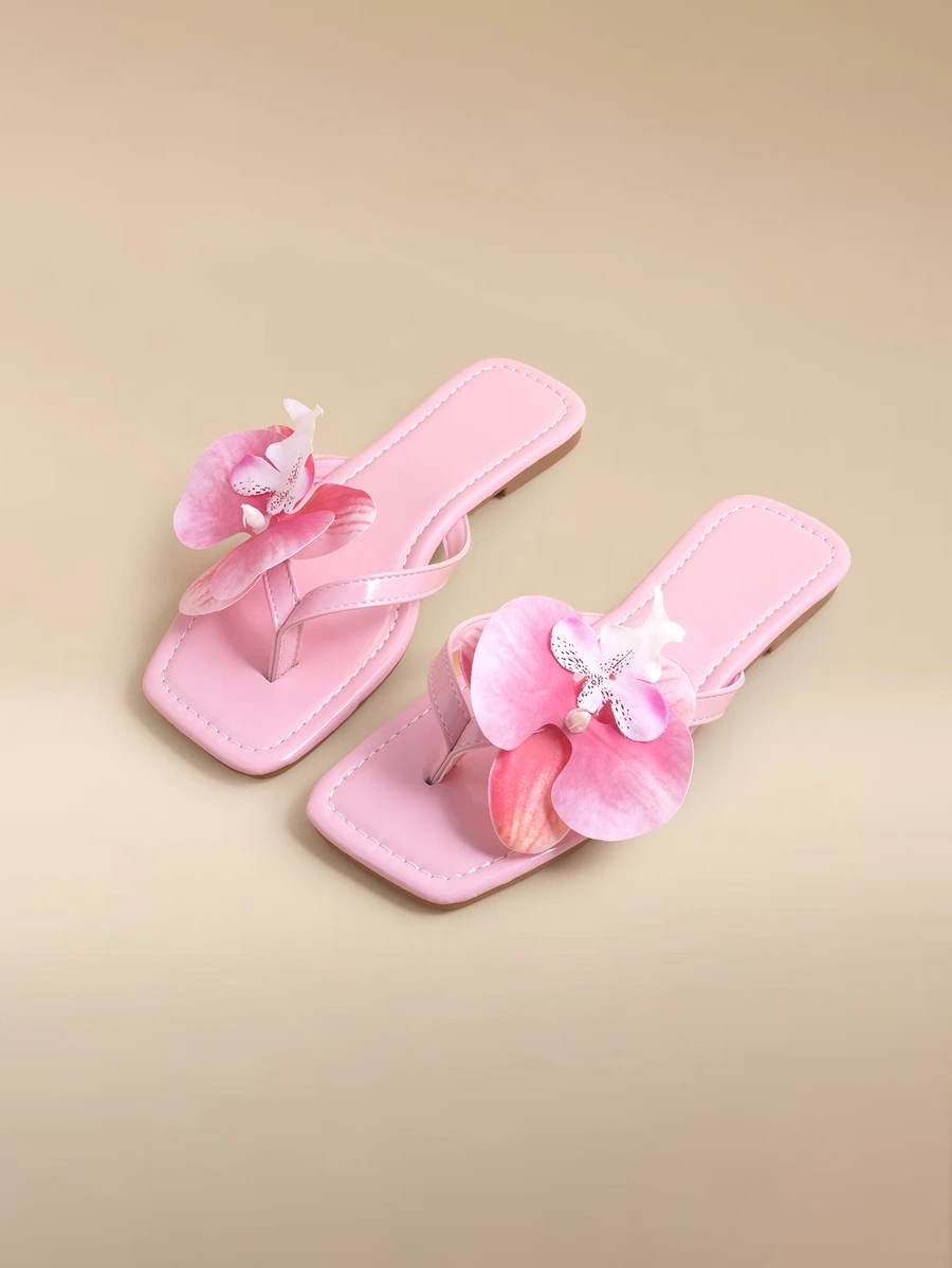 Glizzene 2025 New Plus Size European Women Fake Flower Decor Square Toe Flat Slip On Sandals, Summer Daily Wear,Flip Flops - Pink - View 1