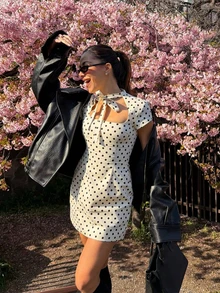 Buzzelle Spring/Summer New Sweet Square Neck Short Sleeve Bow Decor Short Dress, Suitable For Spring/Summer Outings White Elegant - White - View 2