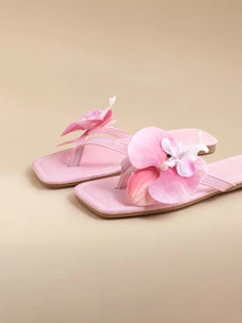 Glizzene 2025 New Plus Size European Women Fake Flower Decor Square Toe Flat Slip On Sandals, Summer Daily Wear,Flip Flops - Pink - View 5