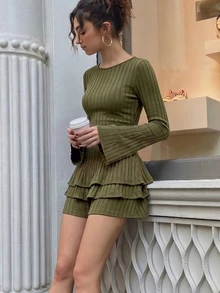 Women's Simple Elegant Comfortable Textured Ribbed Olive Green Knit Fabric Ruffle/Flounce Long Sleeve Short Double Layer Flounce Hem Jumpsuit For Office, Daily, Date, Suitable For Autumn/Winter - Olive Green - View 3