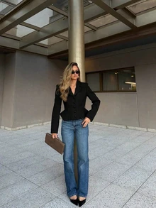 女款優雅荷葉邊下擺西裝外套，長袖職場女性春秋外套 - 黑色 - 查看 1