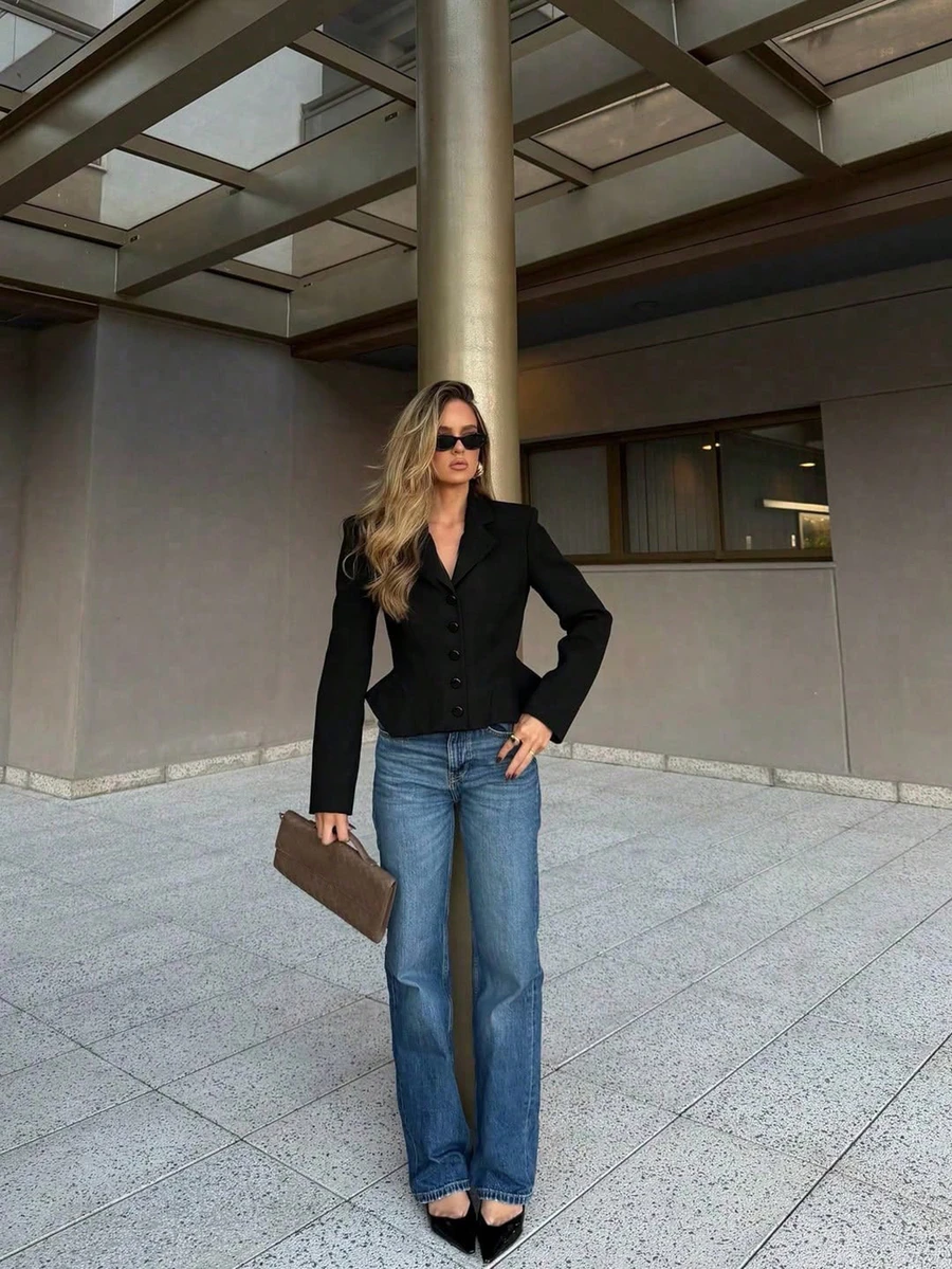 女款優雅荷葉邊下擺西裝外套,長袖職場女性春秋外套 - 黑色 - 查看 1