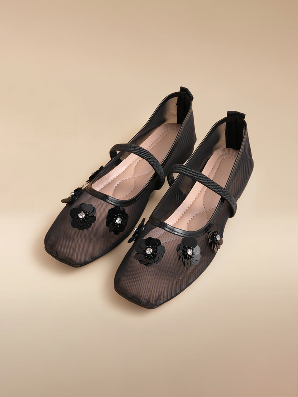Glizzene Summer New Sequin Floral Mesh Women's Flat Shoes, Fashion Mary Jane Ballet Shoes, Slip-On Elegant Loafers For Daily Wear,Mothers Day Gift