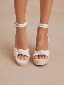 Tropiscape Women's Wedge Platform Espadrille Sandals With Back Zipper, High Heeled Roman Sandals, Travel Essential, Open Toe, Bowknot, Suitable For Spring - Rice - View 5