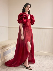 Rylithe 1pc Burgundy Satin Bridal Cape, Luxury Cloak With Puff Sleeves & Long Train, 170cm - Multicolor - View 5