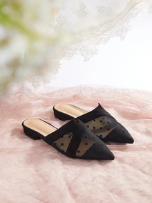 Rylithe Zuecos planos de malla transparente con lunares para otoño/invierno - Negro - Ver 1