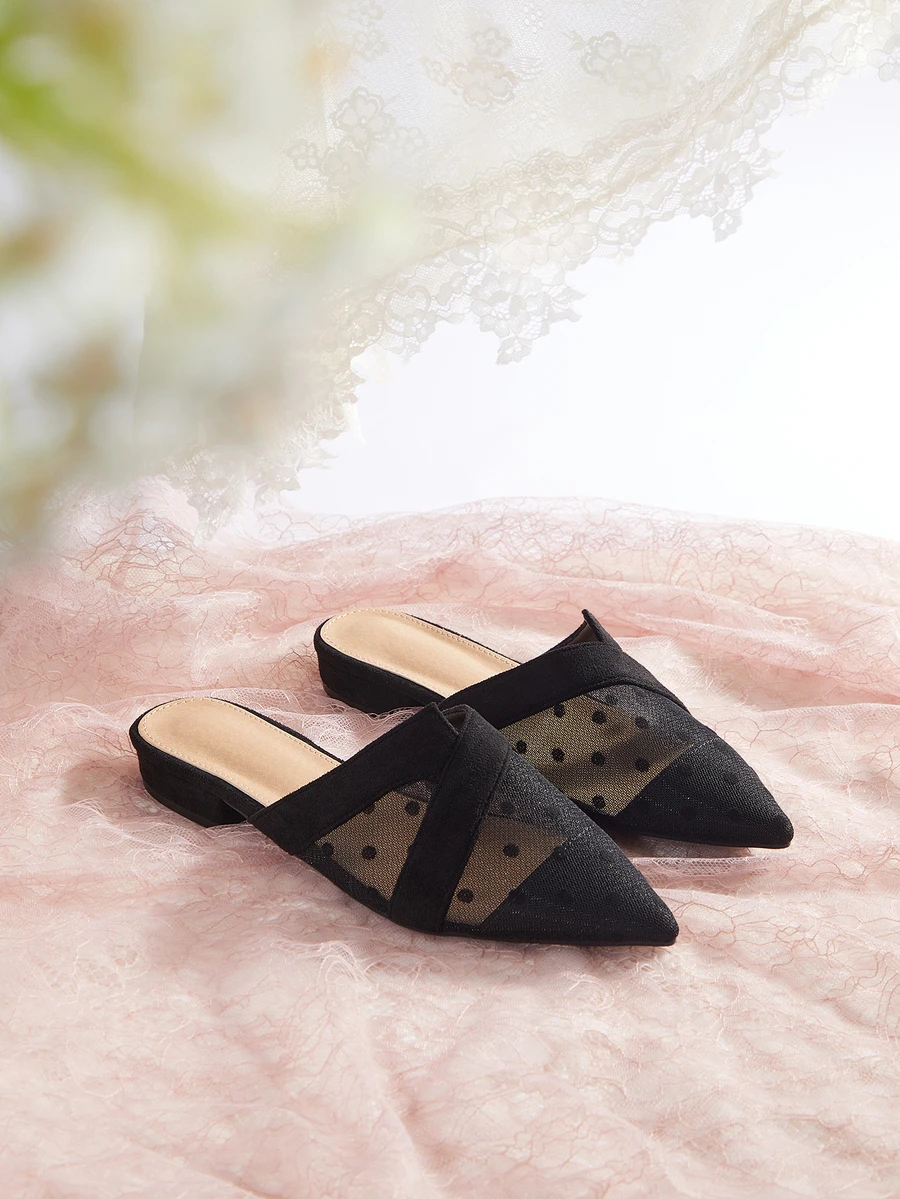Rylithe Zuecos planos de malla transparente con lunares para otoño/invierno - Negro - Ver 1