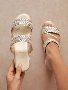Tropiscape New Summer Fashionable & Elegant Gold PU Woven Strap Wedge Sandals, Women Outdoor Travel Versatile Thick-Sole Wedge Sandals - Gold - View 5