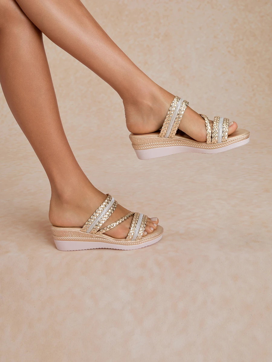 Tropiscape New Summer Fashionable & Elegant Gold PU Woven Strap Wedge Sandals, Women Outdoor Travel Versatile Thick-Sole Wedge Sandals - Gold - View 1