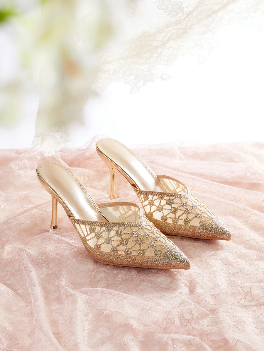 Rylithe Zapatos de tacón alto para mujer con puntera puntiaguda y decorados con rhinestones, para fiestas formales y bodas, elegantes, tipo mule, para atuendos de verano - Multicolor - View 1