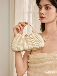 Rylithe 1 buah Tas Tangan Pesta Wanita Elegan dengan Desain Kotak Berlipit, Clutch Mewah Bertabur Berlian Imitasi, Tas Malam Formal yang Menawan - Aprikot - View 1