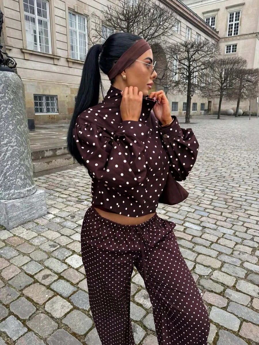Women's Retro Polka Dot Mandarin Collar Shirt, Elegant Long Sleeve Button Front Blouse - Coffee Brown - View 1