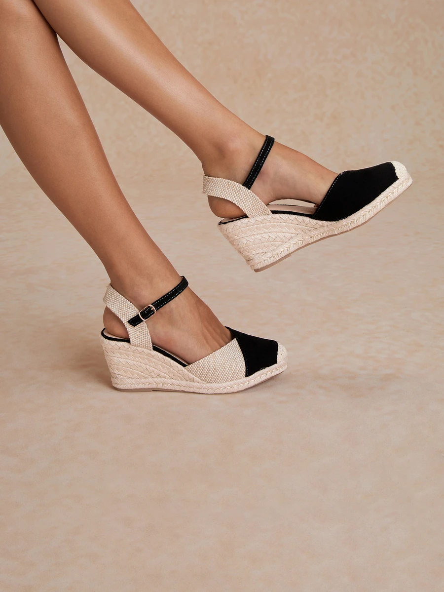 Tropiscape Cap Toe Ankle Strap Espadrille Linen Wedge Court Shoes - Multicolor - View 1