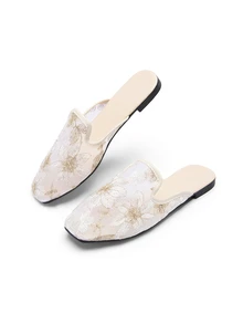 Rylithe Fall/Winter Women Floral Embroidered Mesh Panel Flat Mules, Fashion Outdoor Flats - Beige - View 4