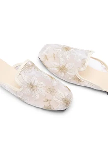 Rylithe Fall/Winter Women Floral Embroidered Mesh Panel Flat Mules, Fashion Outdoor Flats - Beige - View 6
