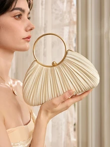 Rylithe 1 buah Tas Tangan Pesta Wanita Elegan dengan Desain Kotak Berlipit, Clutch Mewah Bertabur Berlian Imitasi, Tas Malam Formal yang Menawan - Aprikot - View 3