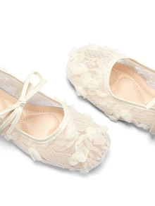 Rylithe Fall/Winter White Women's Flat Ballet Shoes With Bow Decor & Floral Embroidery - White - View 6