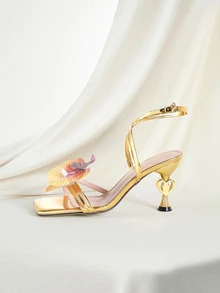 Clariva Women's High Heels, Fashion Party Outdoor High-End Gathering Lacquered Asymmetric Heel Square Toe Shiny Metallic Material - Gold - View 2