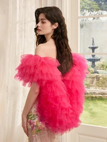 Rylithe Bride Sheer Multi-Color Host Evening Gown, Networking Tulle Shawl For Performance, Photo Shoot Accessory Fall Clothes For Women - Hot Pink - View 1