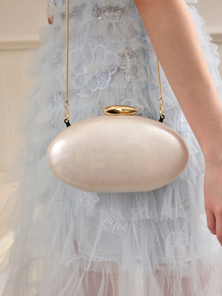 Rylithe Tas Clutch Pernikahan Mode Musim Semi 2025, Tas Tangan Malam Gaya Eropa & Amerika Berbahan Akrilik Mengkilap, Tas Bahu Berbentuk Telur - Putih - View 1
