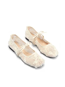 Rylithe Fall/Winter White Women's Flat Ballet Shoes With Bow Decor & Floral Embroidery - White - View 3