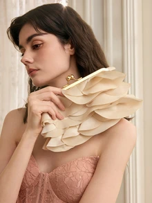 Rylithe OpulAura Women Elegant Charming Petal Party Clutch Bag, Ruffle Design Evening Purse - Apricot - View 4