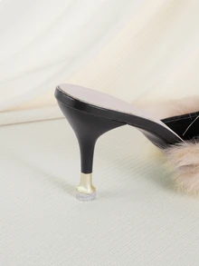 Clariva Women's Solid Color High Heel Slide Sandals With Metal Toe Fuzzy Decor, Sweet Style, Fashion Closed Toe Pointed Toe Thin Heels Black Mules Slip-On - Black - View 3