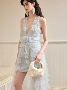 Women's Handbag, Glitter Bag, Faux Pearl Bag, Party Dress, Ball Gown Bag - Beige - View 2