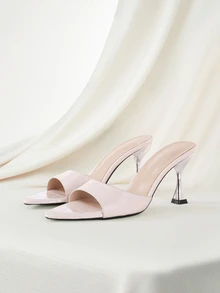 Clariva Sepatu Hak Tinggi Wanita Musim Semi/Panas, Sepatu Mule Ujung Lancip Elegan Modis dengan Dekorasi Batu Bertekstur Berkilau, Cocok untuk Pesta - Aprikot - View 1