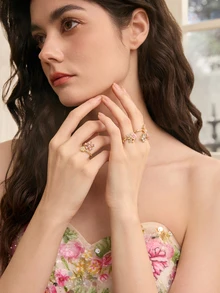 Rylithe 4pcs/Set Lovely Pink Rose Flower Adjustable Rings, Faux Pearl Diamond Decor Five-Petal Floral Ring Set For Women - Gold - View 2