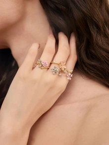 Rylithe 4pcs/Set Lovely Pink Rose Flower Adjustable Rings, Faux Pearl Diamond Decor Five-Petal Floral Ring Set For Women - Gold - View 3