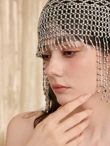 Rylithe 1pc Handmade Crochet Hollow Out Decorative Beaded Cap - Silver - View 2