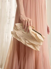 Rylithe OpulAura Women Elegant Charming Petal Party Clutch Bag, Ruffle Design Evening Purse - Apricot - View 5