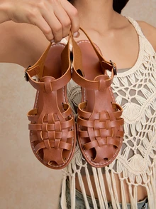 Tropiscape New Vintage Woven Lace-Up Sandals For Women, Flat, Fashionable, Versatile, Summer - Rust Brown - View 2