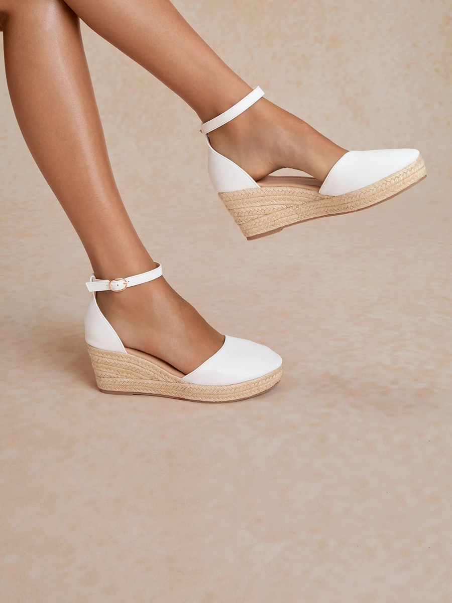 Tropiscape Women's High Heel Wedge Espadrille Sandals, Fashion Round Toe Hollow Ankle Strap Design - White - View 1