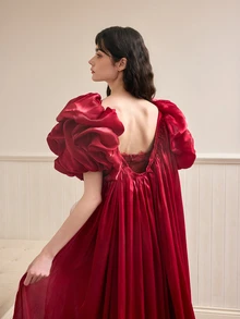 Rylithe 1pc Burgundy Satin Bridal Cape, Luxury Cloak With Puff Sleeves & Long Train, 170cm - Multicolor - View 4