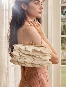 Rylithe OpulAura Women Elegant Charming Petal Party Clutch Bag, Ruffle Design Evening Purse - Apricot - View 1