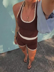 Conjunto de 2 piezas de punto color camello estilo Y2K para primavera/verano, top corto con cuello halter & shorts de cintura alta ajustados a la cadera, adecuado para citas & uso diario - Café rojo - Ver 3